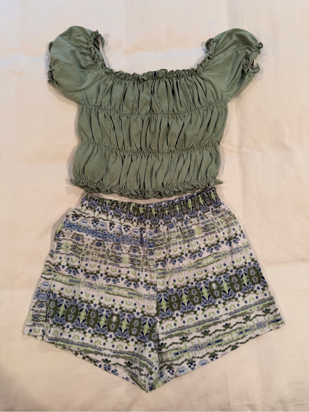 Mayoral Sage Green Smocked Crop Top and shorts